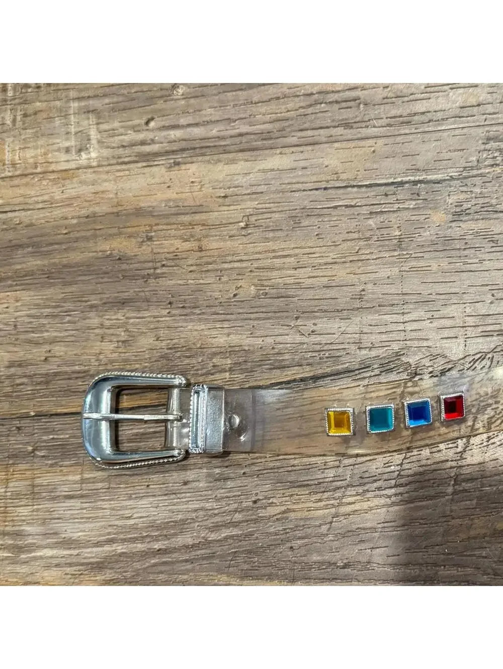 Vtg Clear Plastic Belt Multicolor Rhinestone Gem Accents & Silver Buckle 36”